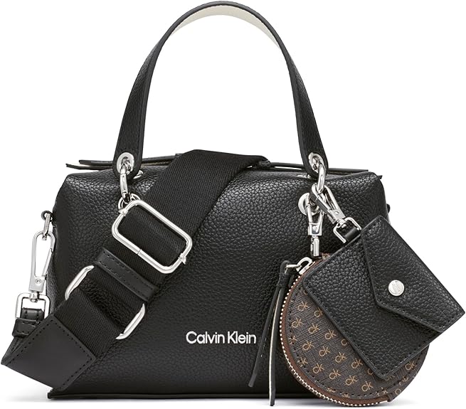 Calvin Klein Black Pebbled Leather Satchel Handbag with Crossbody Strap & Mini Pouch