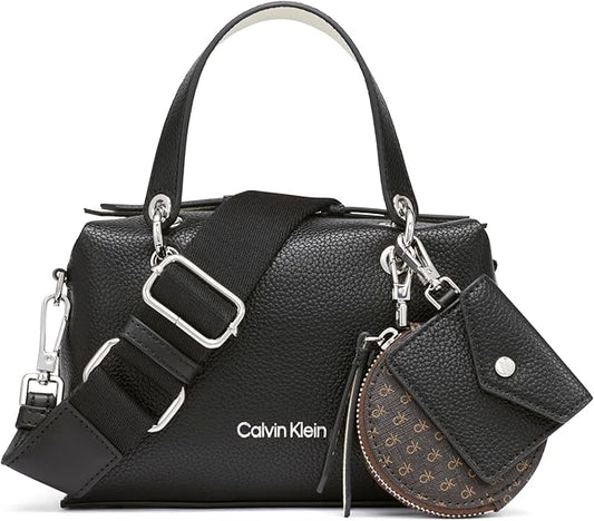 Calvin Klein Black Pebbled Leather Satchel Handbag with Crossbody Strap & Mini Pouch