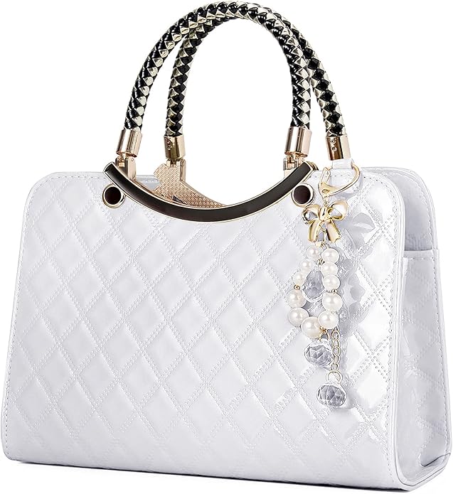 Elegant Quilted Handbag with Pearl Charm β Luxury Patent Leather Tote for Women