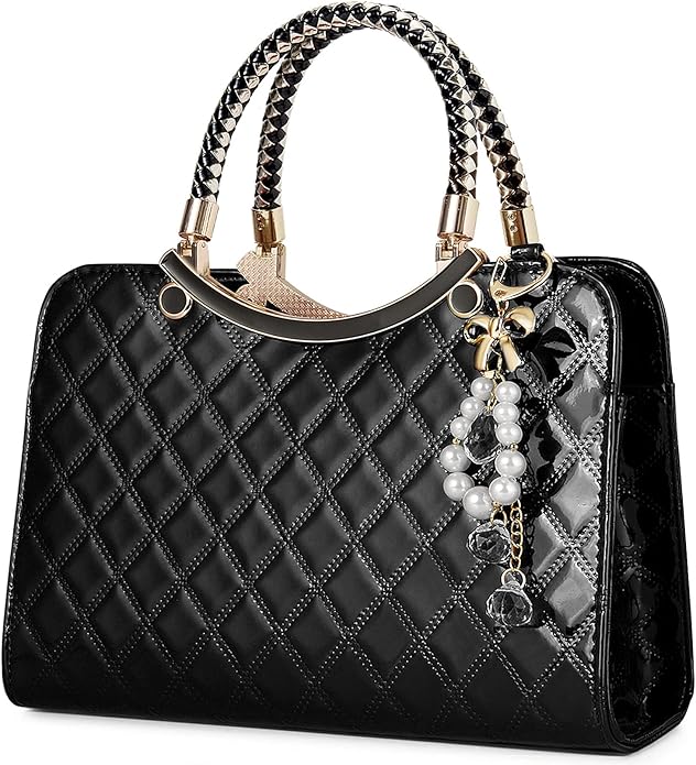Elegant Quilted Handbag with Pearl Charm β Luxury Patent Leather Tote for Women