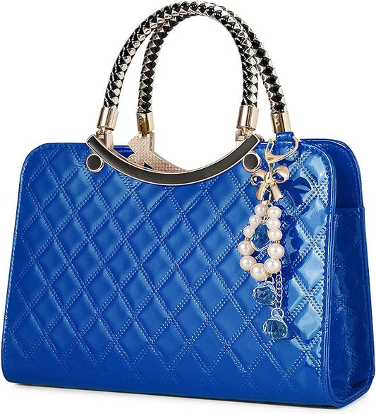 Elegant Quilted Handbag with Pearl Charm – Luxury Patent Leather Tote for Women