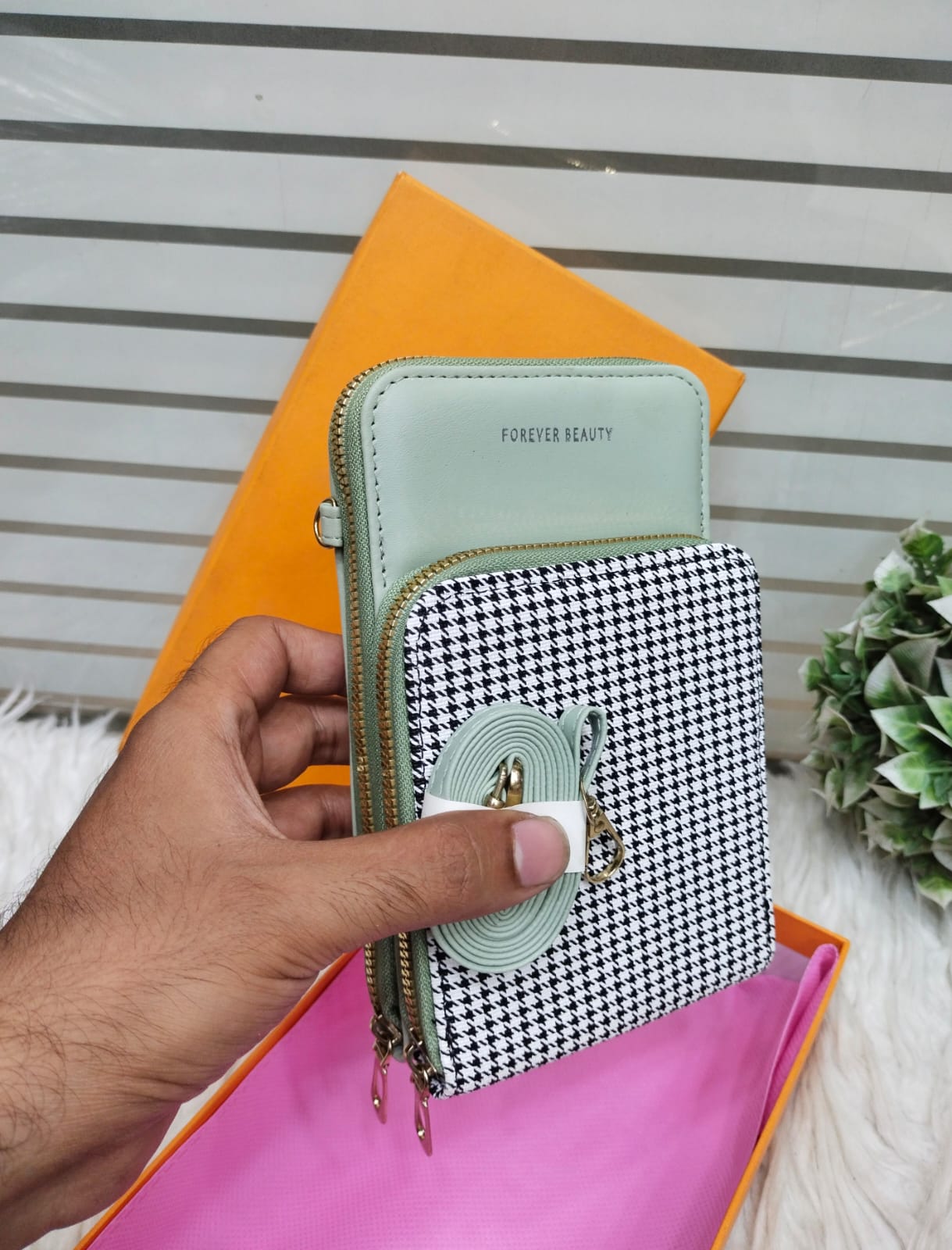 "Forever Beauty Premium Mobile Wallet Crossbody – Multi-Pocket Mini Bag with Long Strap"