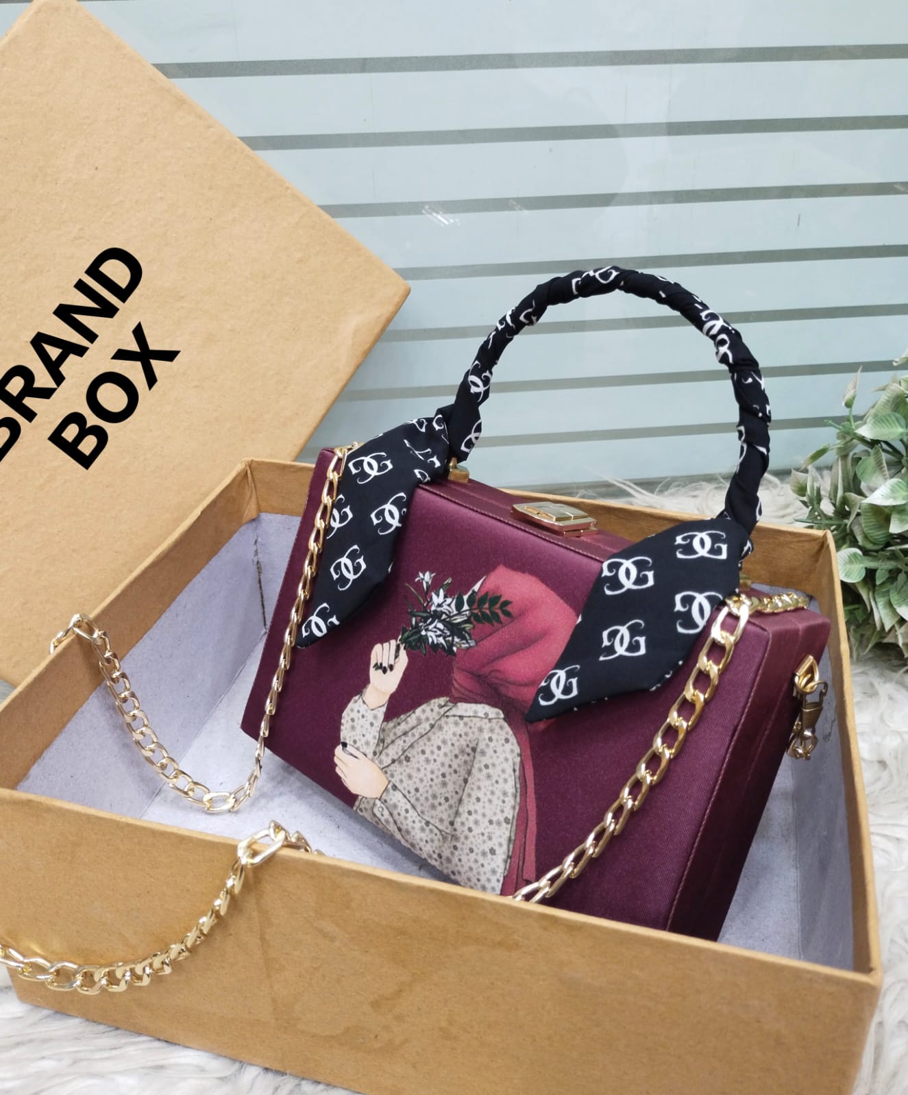 Trendy Printed Handbag for Girls – Elegant Chain Shoulder Bag with Scarf Handle | Premium Gift Box Packing