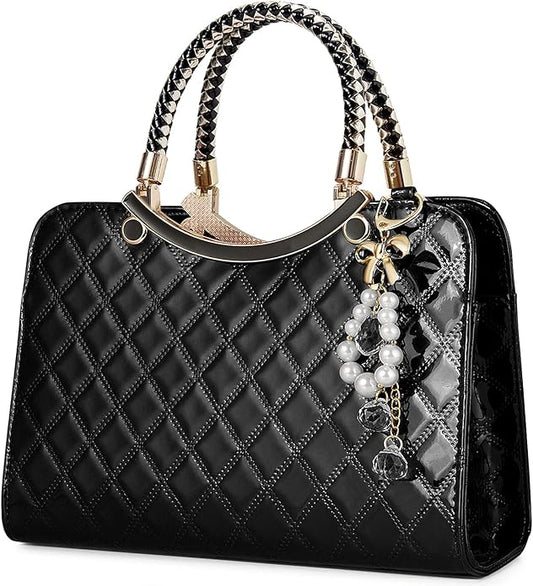 Elegant Quilted Handbag with Pearl Charm – Luxury Patent Leather Tote for Women